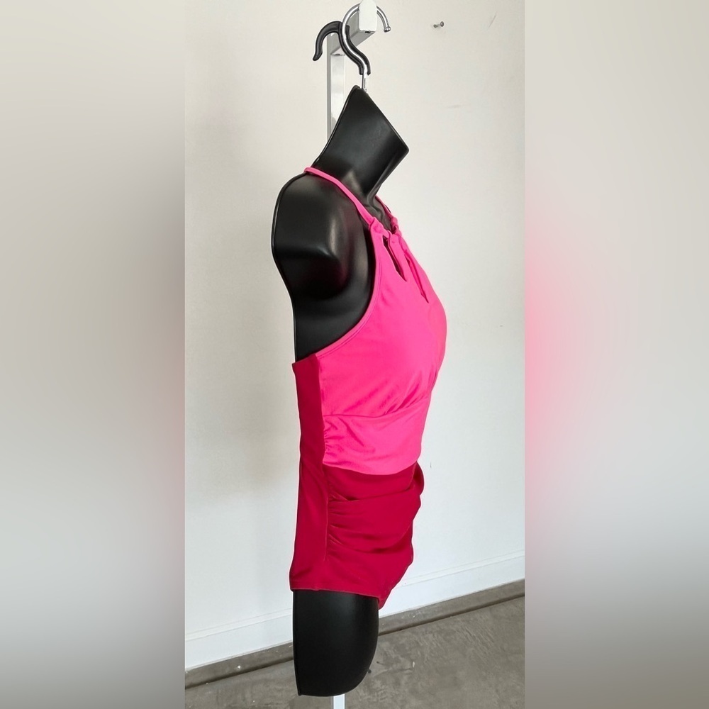 New One Piece High Neck Tummy Control Red & Pink Bathing Suit - Picture 4 of 8